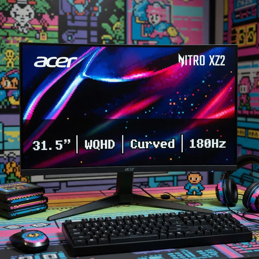 Acer Nitro XZ2 31.5-inch curved gaming monitor on a retro pixel art desk with keyboard and mouse.