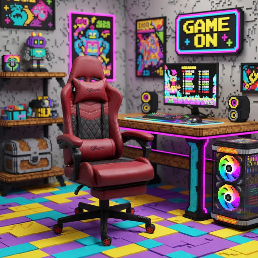 Red gaming chair in a colorful retro 8-bit gaming room with RGB PC and pixel art decor