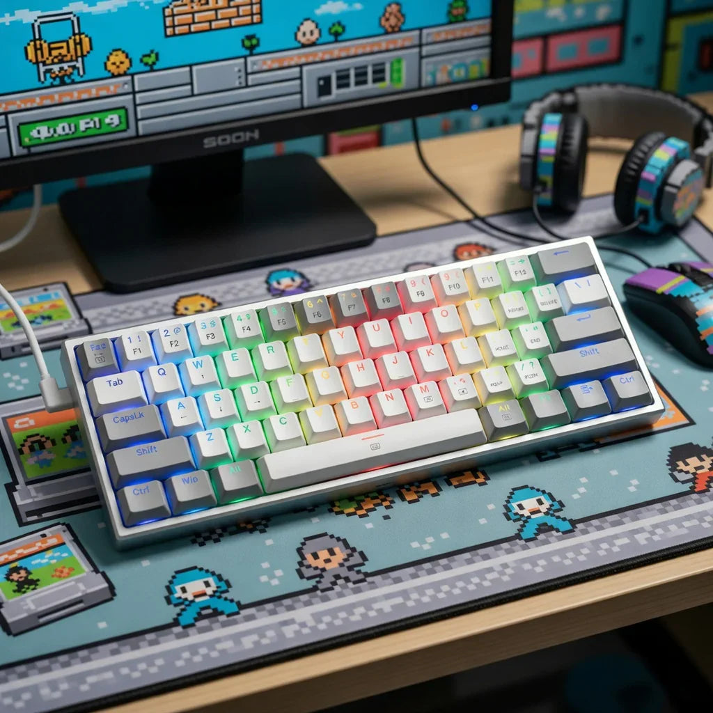 Redragon K617 Fizz 60% Wired Mechanical Gaming Keyboard | 61 Keys | Hot-Swap | RGB | Linear Red Switch | White & Grey Keycaps