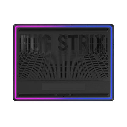 Black gaming laptop bottom panel with RGB lighting and ventilation grilles