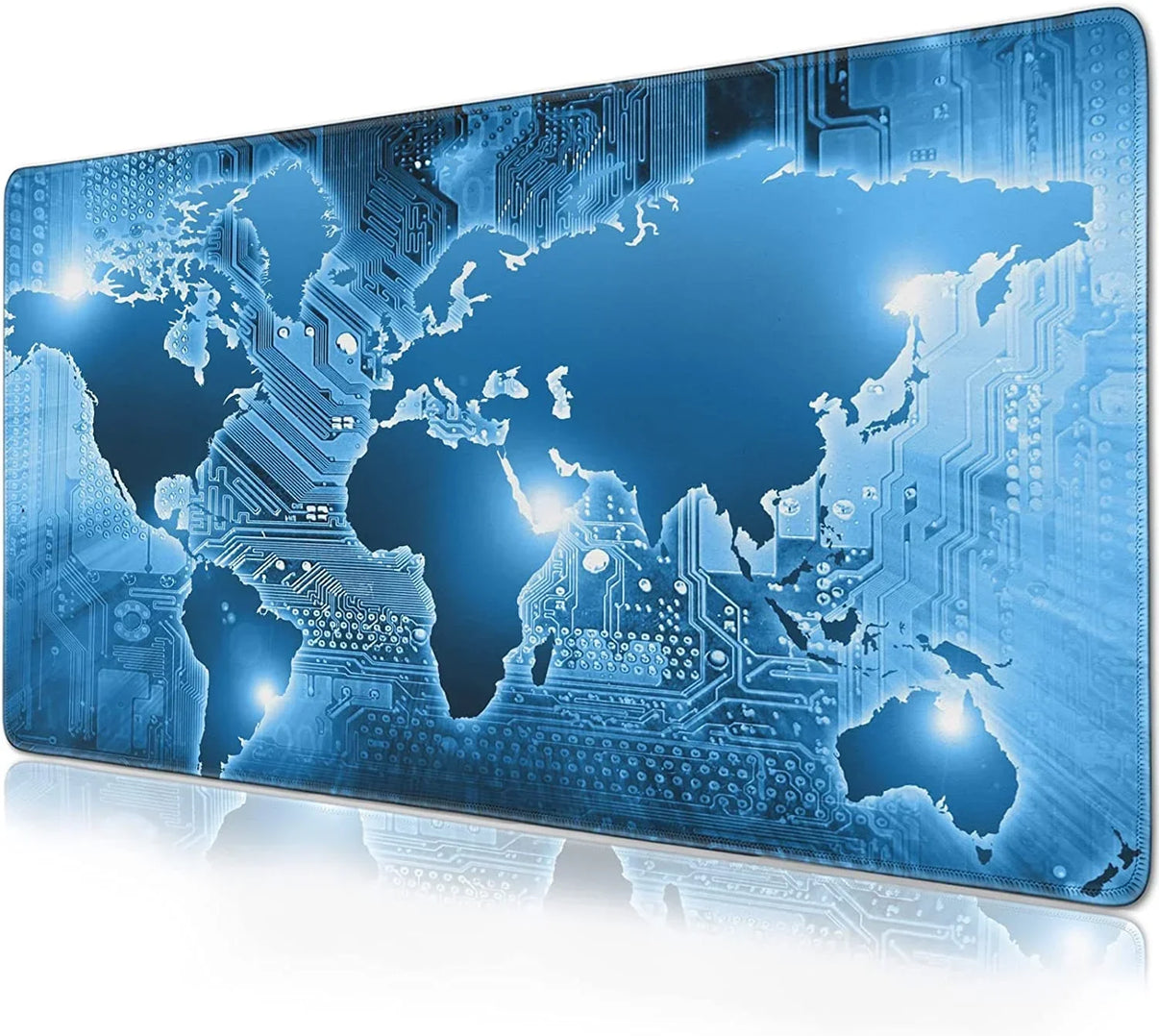 Blue gaming desk mat with a glowing world map design and electronic circuit patterns