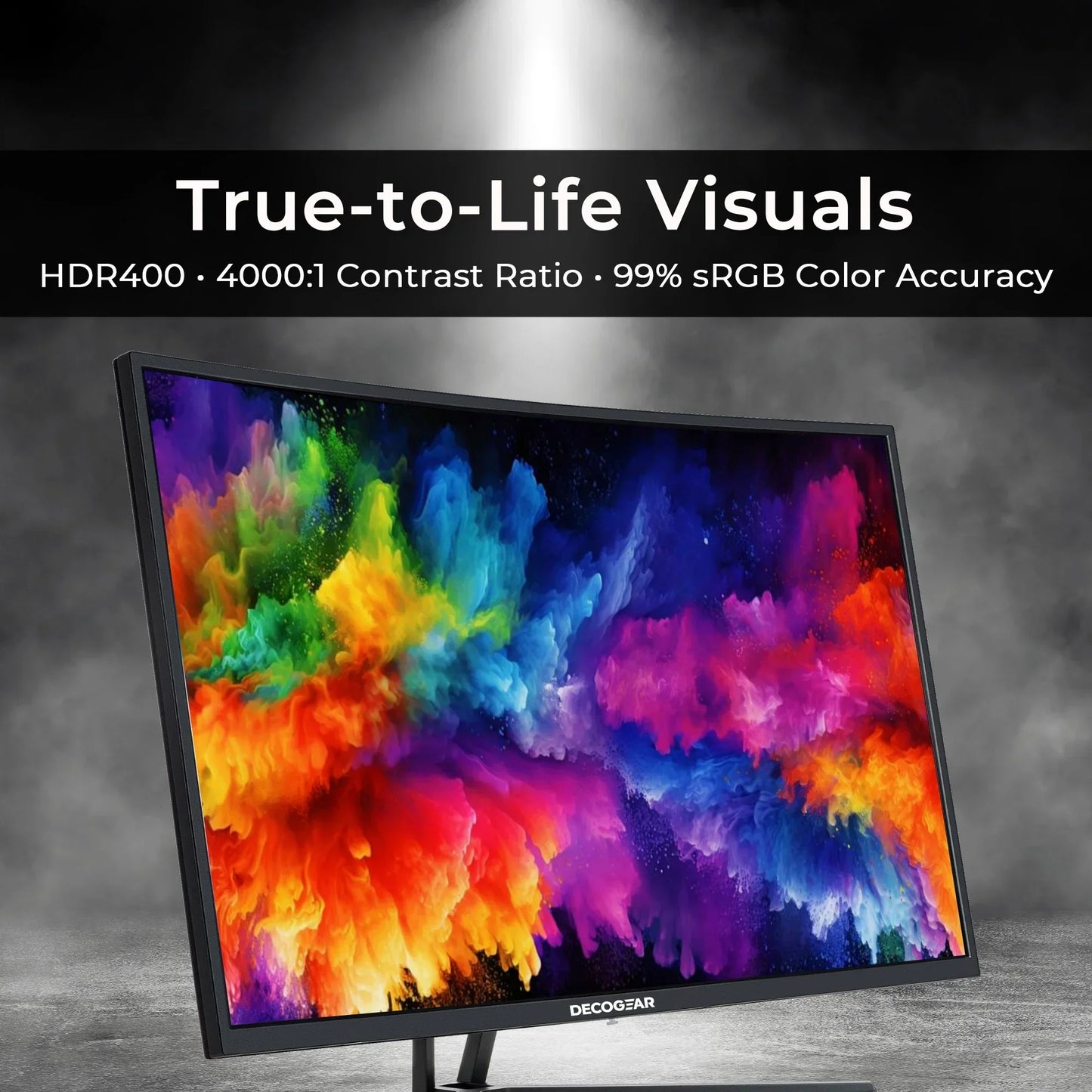 Decogear curved monitor displaying vibrant colorful explosions with HDR400 and high contrast ratio