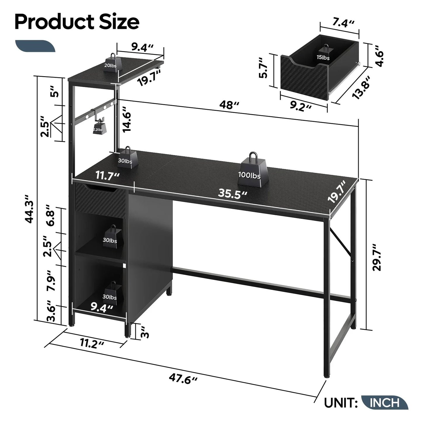 Black office desk with shelving and drawer, dimensions and weight capacities labeled in inches and pounds