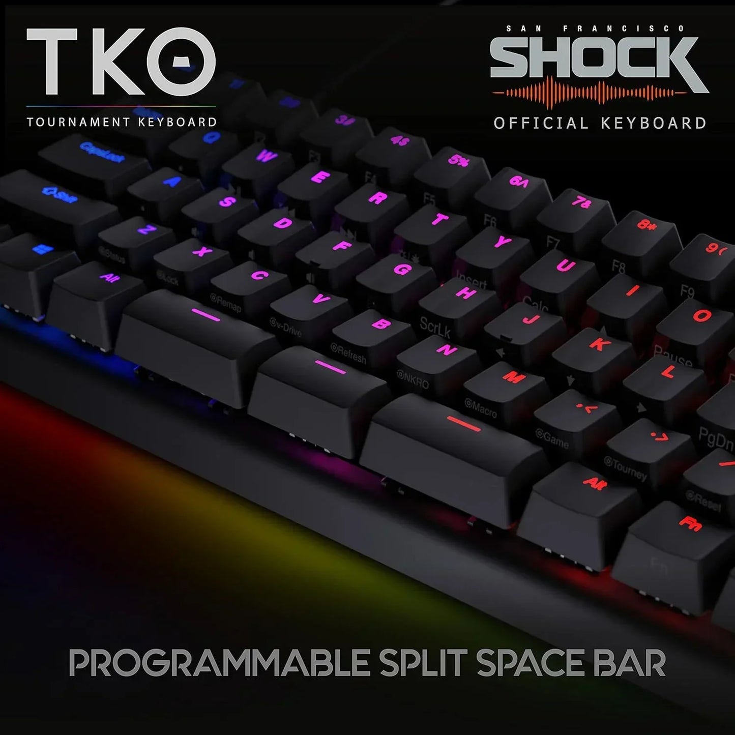 RGB TKO tournament keyboard with programmable split space bar, official San Francisco Shock gaming gear