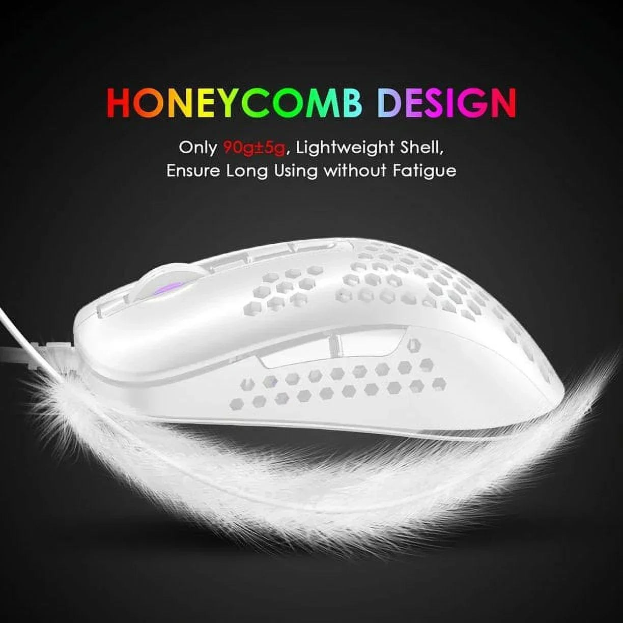 White lightweight gaming mouse with honeycomb shell and feather, emphasizing ergonomic design.