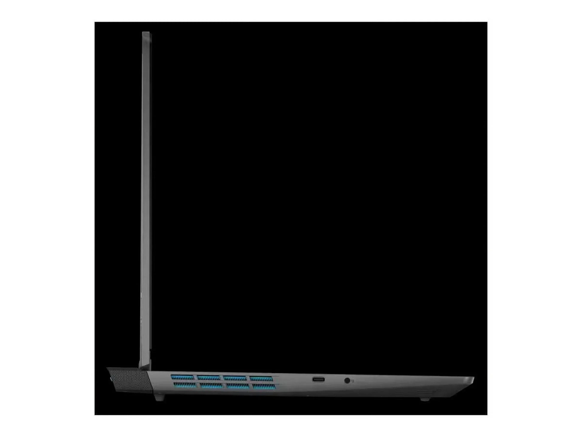 Side view of thin gaming laptop with blue vents and open lid on black background
