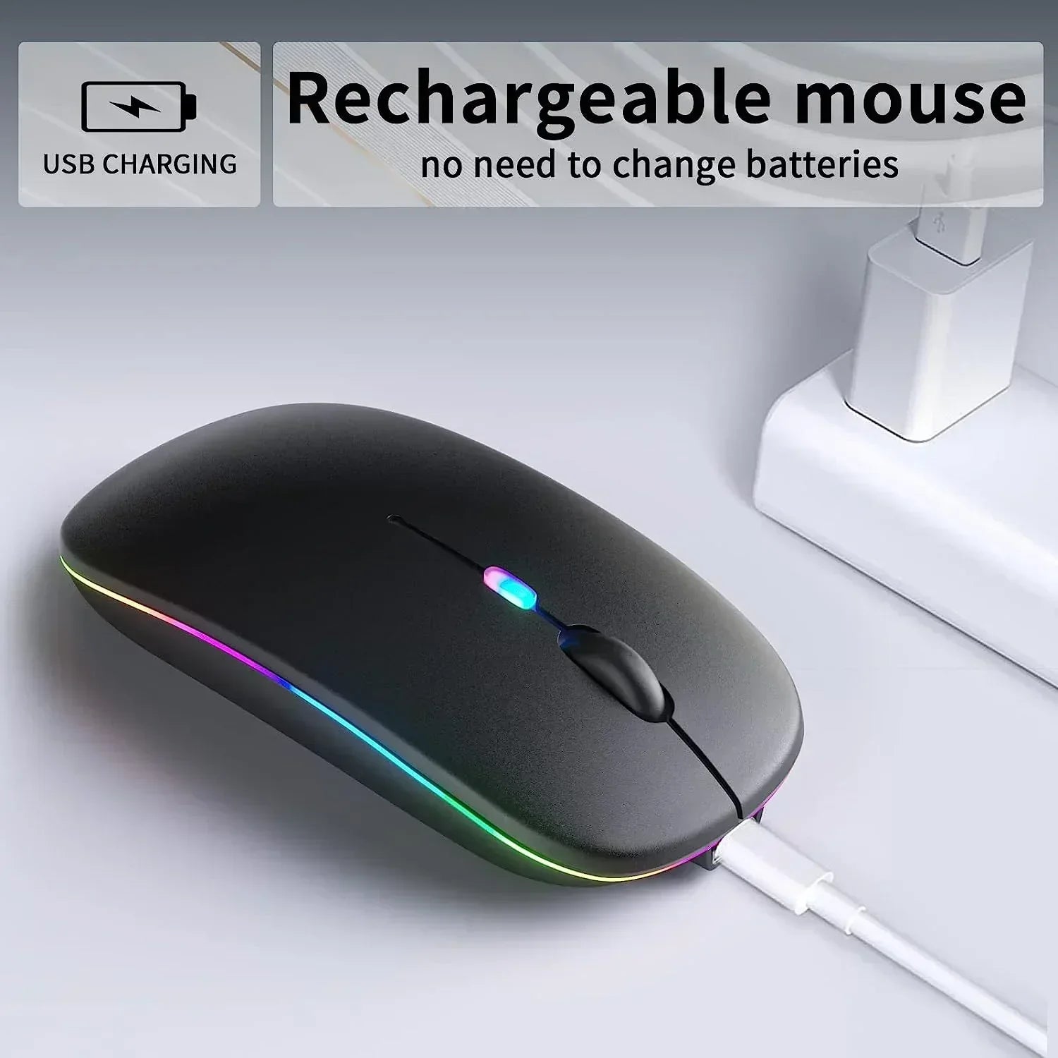 Sleek black rechargeable wireless mouse with RGB lighting, USB charging, modern gaming accessory