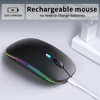 Sleek black rechargeable wireless mouse with RGB lighting, USB charging, modern gaming accessory