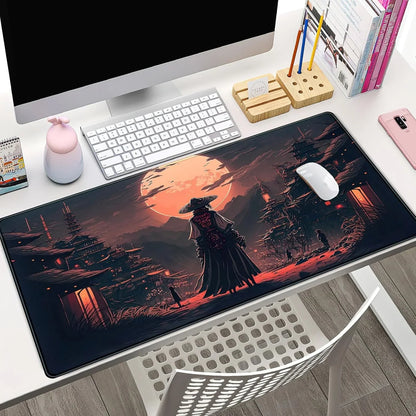 Modern white desk setup with Apple-style keyboard and mouse on a large gaming mouse pad featuring a samurai silhouette against a red moon and traditional Japanese pagodas
