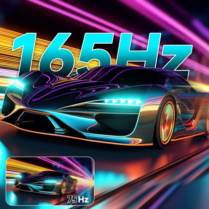 Futuristic sports car with neon lights highlighting 165Hz refresh rate, emphasizing smooth gaming visuals
