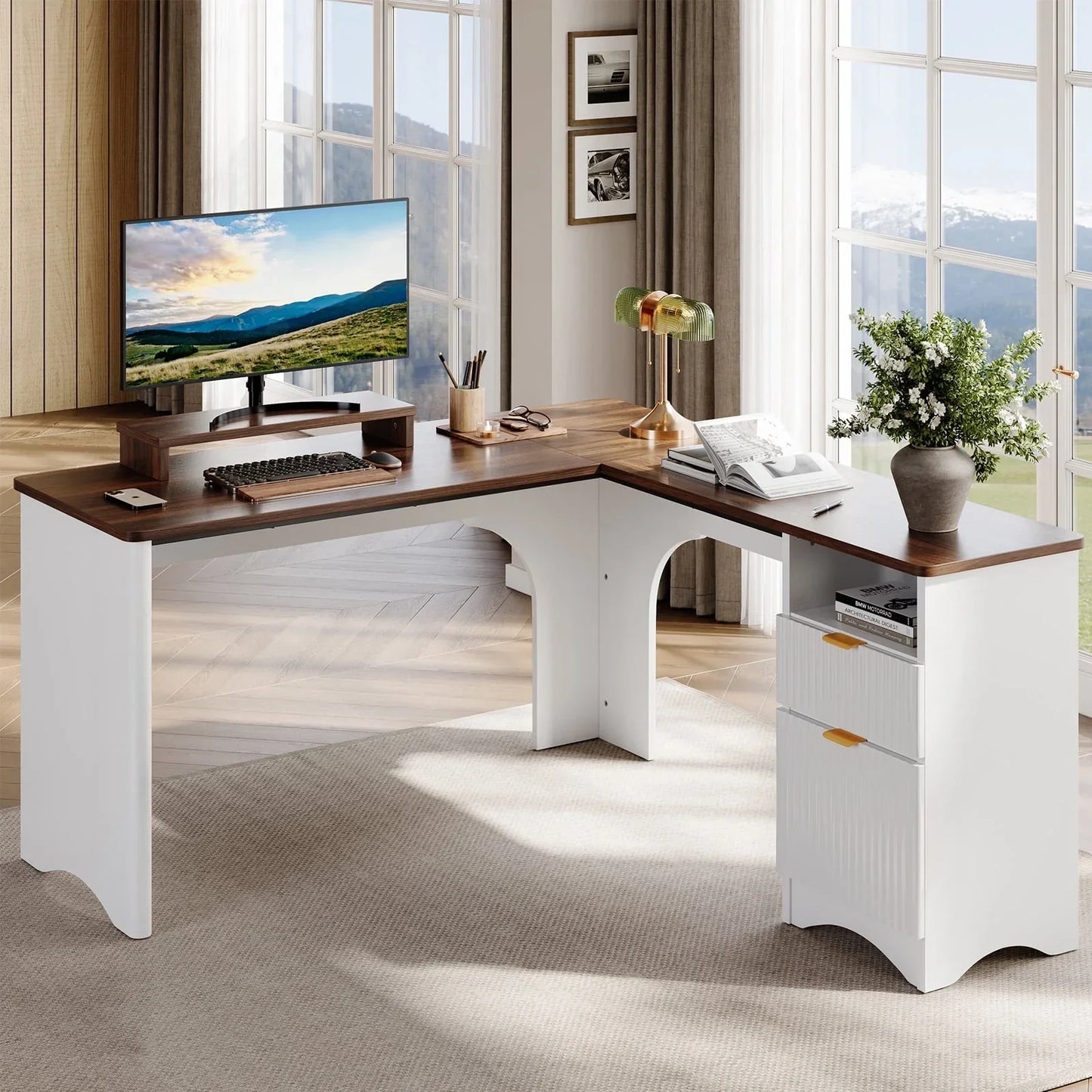 L Shaped Desk with Drawers, 55.7" X 55" Office Computer Desk with round Corners, Monitor Stand & Fluted Panels, White & Walnut