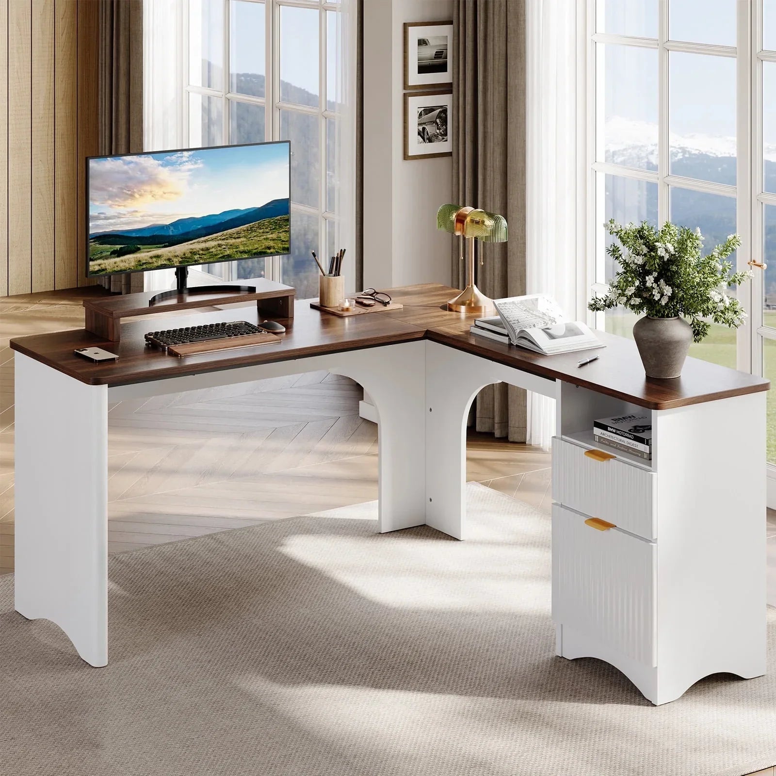 L Shaped Desk with Drawers, 55.7" X 55" Office Computer Desk with round Corners, Monitor Stand & Fluted Panels, White & Walnut