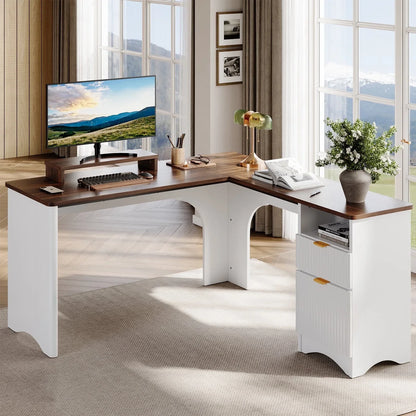 L Shaped Desk with Drawers, 55.7" X 55" Office Computer Desk with round Corners, Monitor Stand & Fluted Panels, White & Walnut