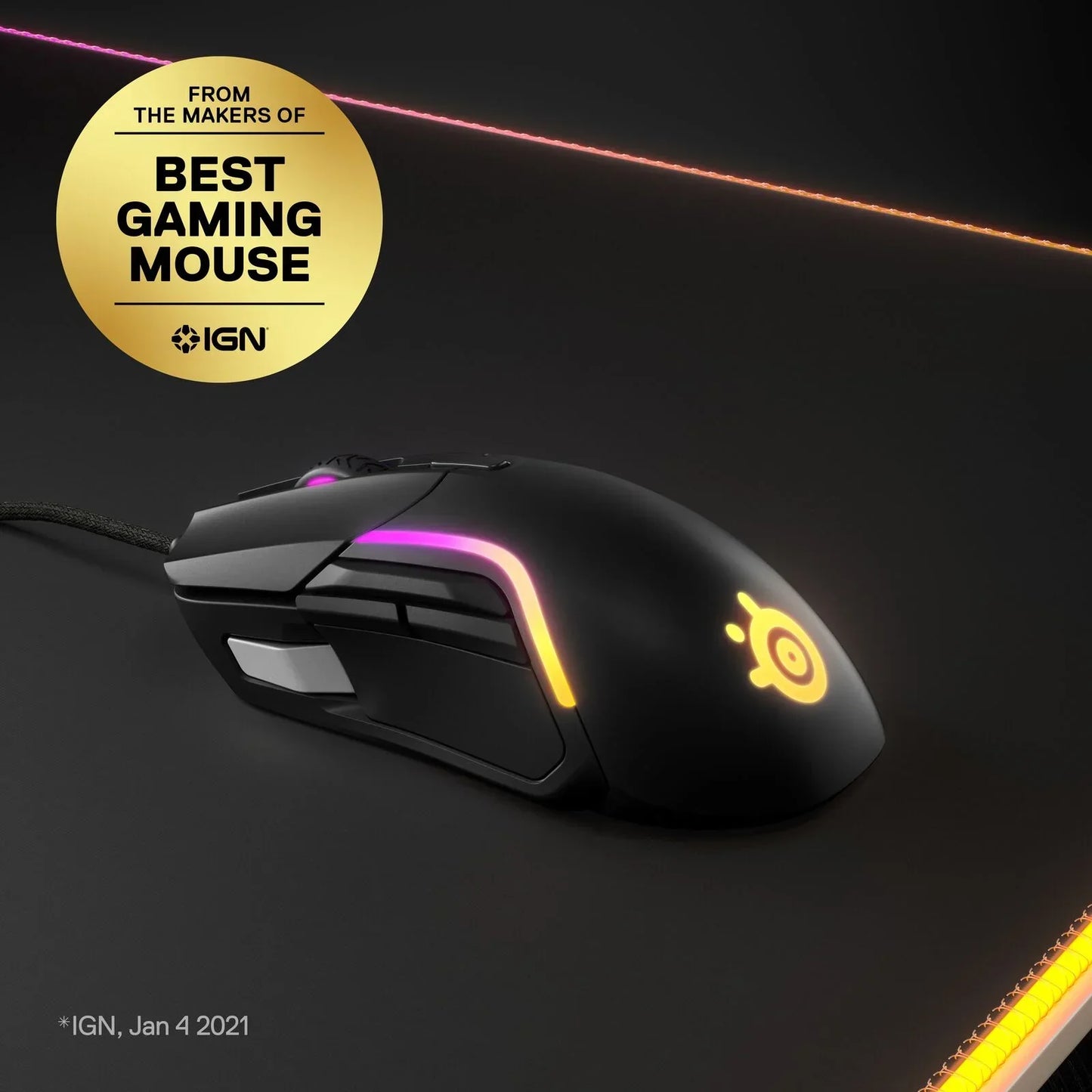 Black wired gaming mouse with customizable RGB lighting on a gaming mousepad, IGN best gaming mouse badge