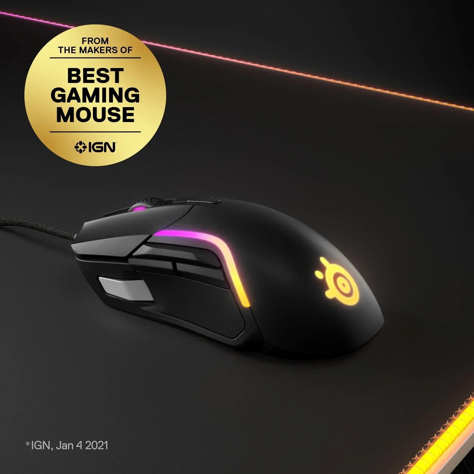 Black wired gaming mouse with customizable RGB lighting on a gaming mousepad, IGN best gaming mouse badge