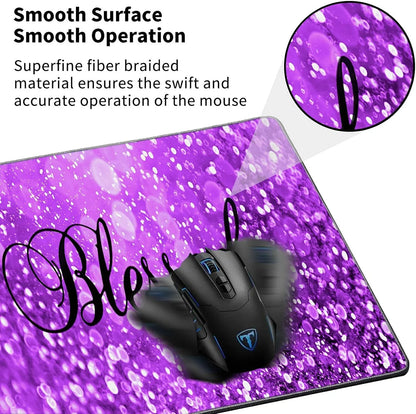 Gaming mouse on a purple custom RGB mouse pad with superfine fiber braided surface for smooth operation