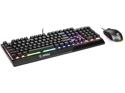 RGB gaming keyboard and mouse set with MSI branding on white background