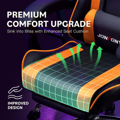 Black and orange gaming chair with enhanced seat cushion and premium comfort upgrade graphics