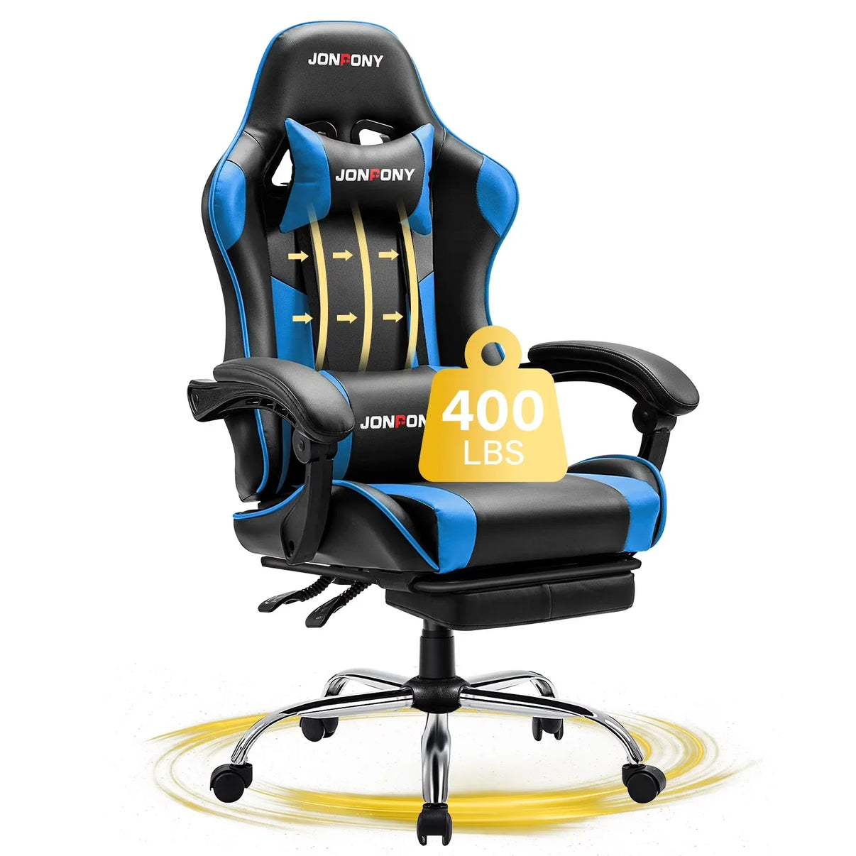 Black and blue JONFONY gaming chair with lumbar support and 400 lbs weight capacity
