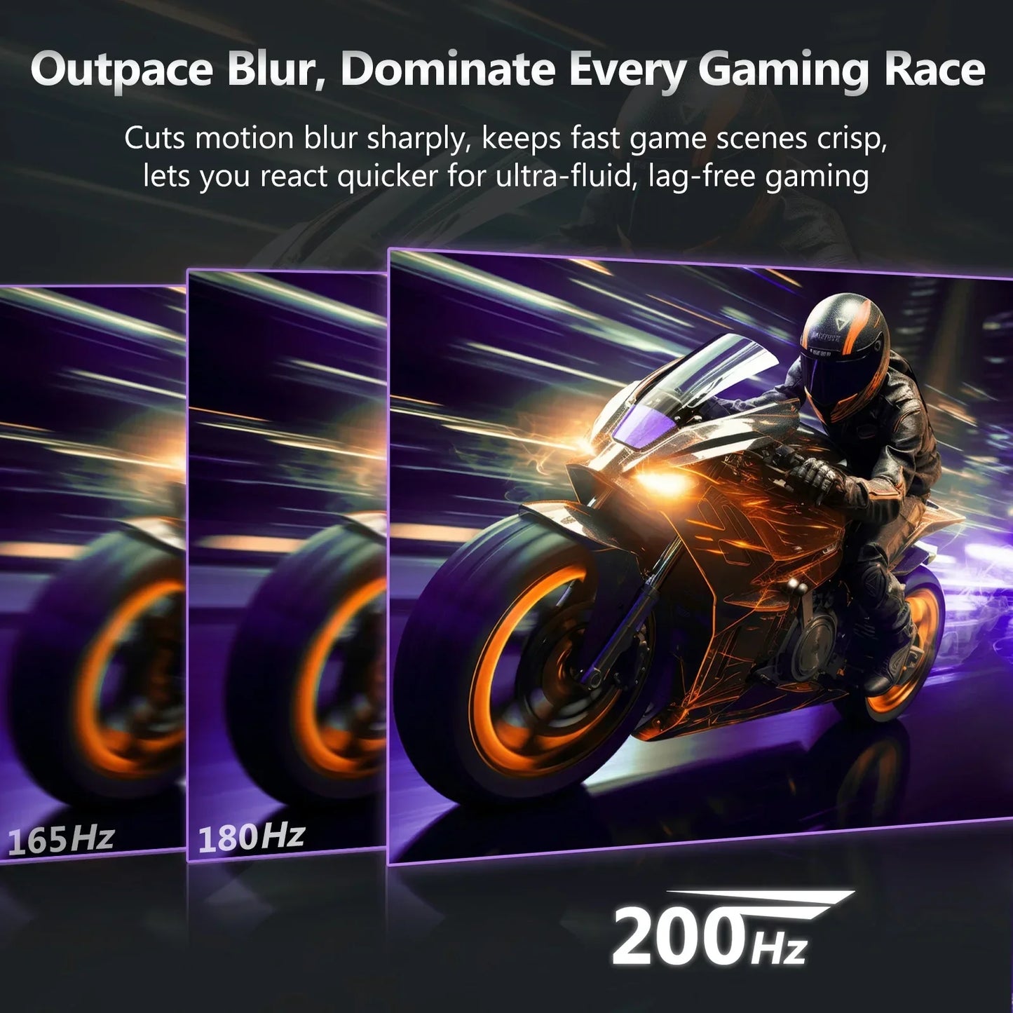 Gaming monitor comparison showing clearer motion blur reduction at 200Hz with a motorcycle racer in leather suit