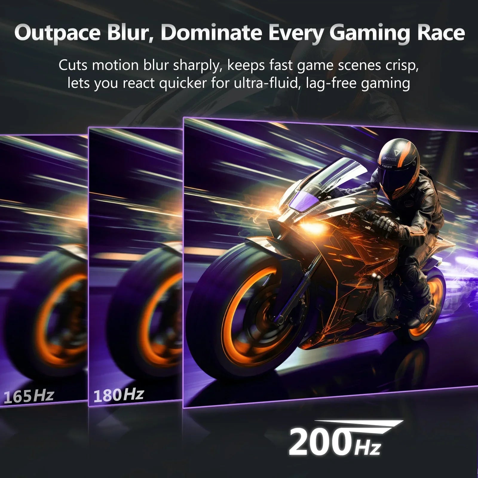 Gaming monitor comparison showing clearer motion blur reduction at 200Hz with a motorcycle racer in leather suit