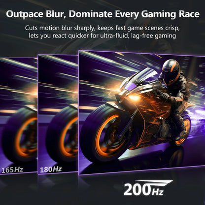 Gaming monitor comparison showing clearer motion blur reduction at 200Hz with a motorcycle racer in leather suit