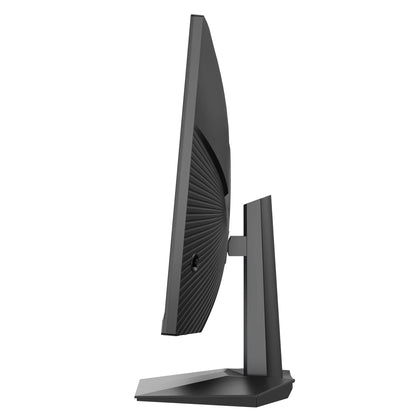 Side view of a slim black gaming monitor with textured back and angular base stand