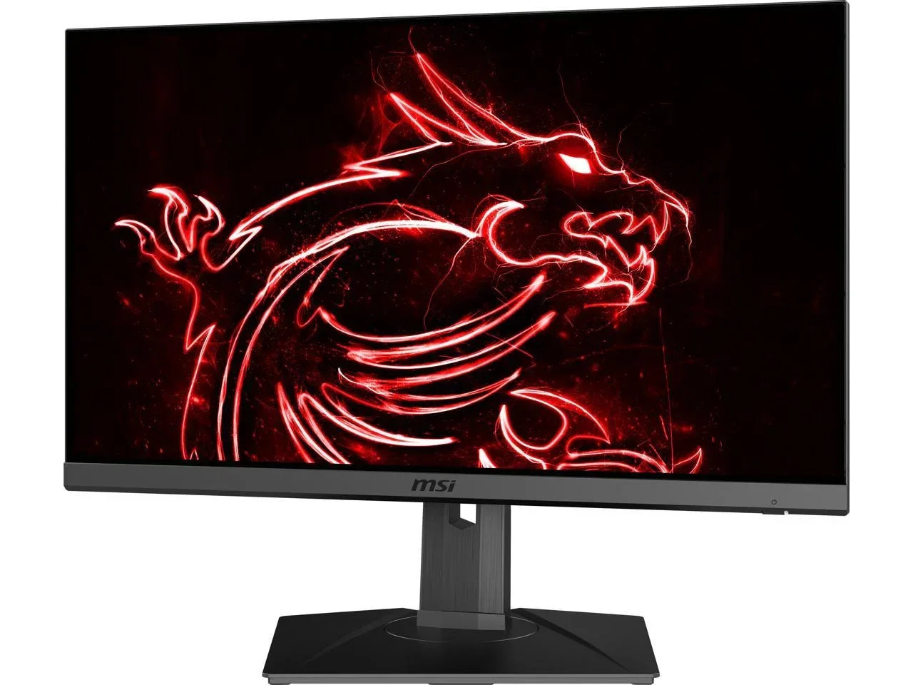 MSI gaming monitor displaying a red neon dragon graphic on black background, slim bezels, sleek stand