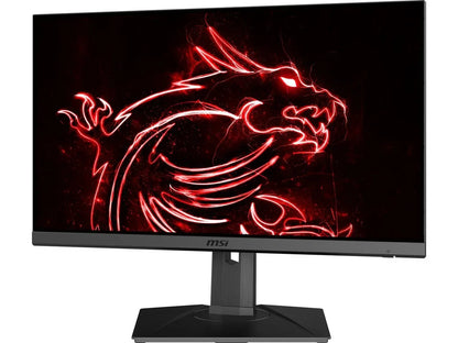 MSI gaming monitor displaying a red neon dragon graphic on black background, slim bezels, sleek stand