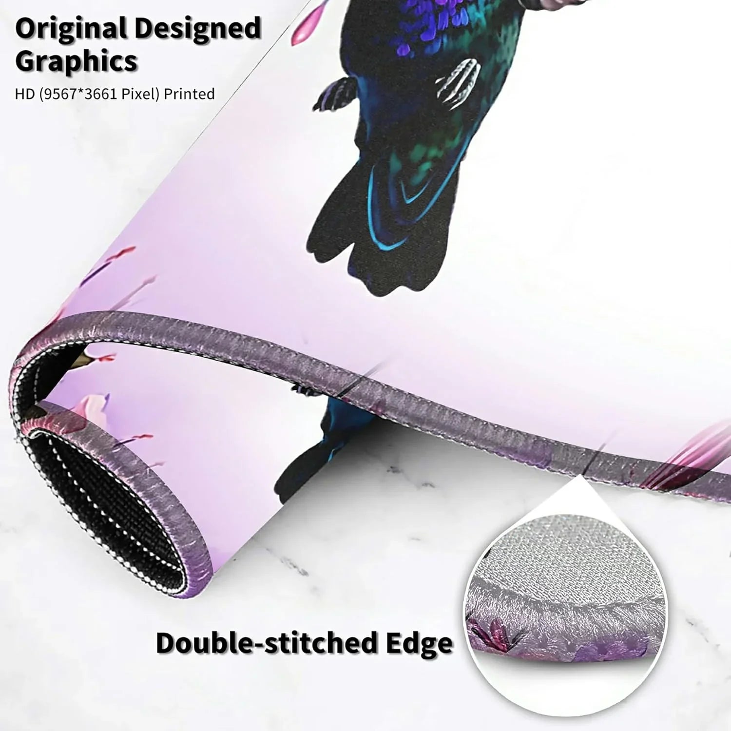 Close-up of a gaming mouse pad with original designed graphics of a colorful bird and double-stitched edge for durability
