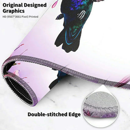 Close-up of a gaming mouse pad with original designed graphics of a colorful bird and double-stitched edge for durability