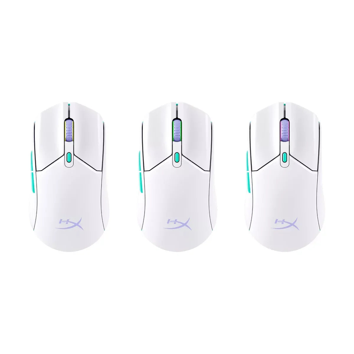 Three white HyperX gaming mice with colorful RGB lighting on scroll wheels and side buttons, shown top view