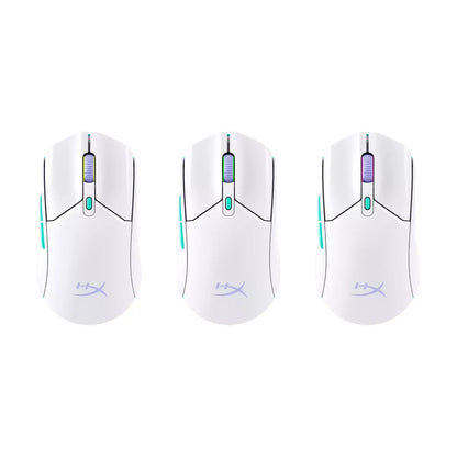 Three white HyperX gaming mice with colorful RGB lighting on scroll wheels and side buttons, shown top view
