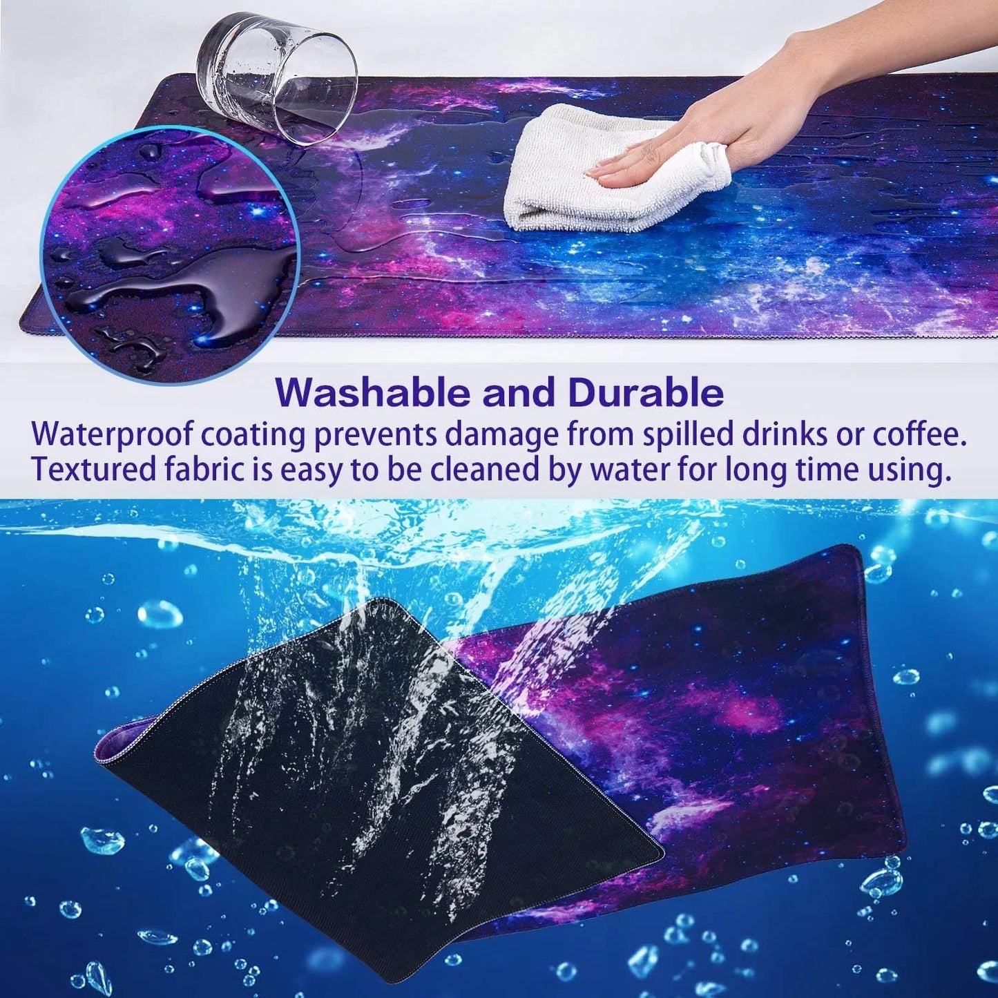 Galaxy-themed waterproof gaming mouse pad with spilled water being wiped clean, underwater cleaning scene