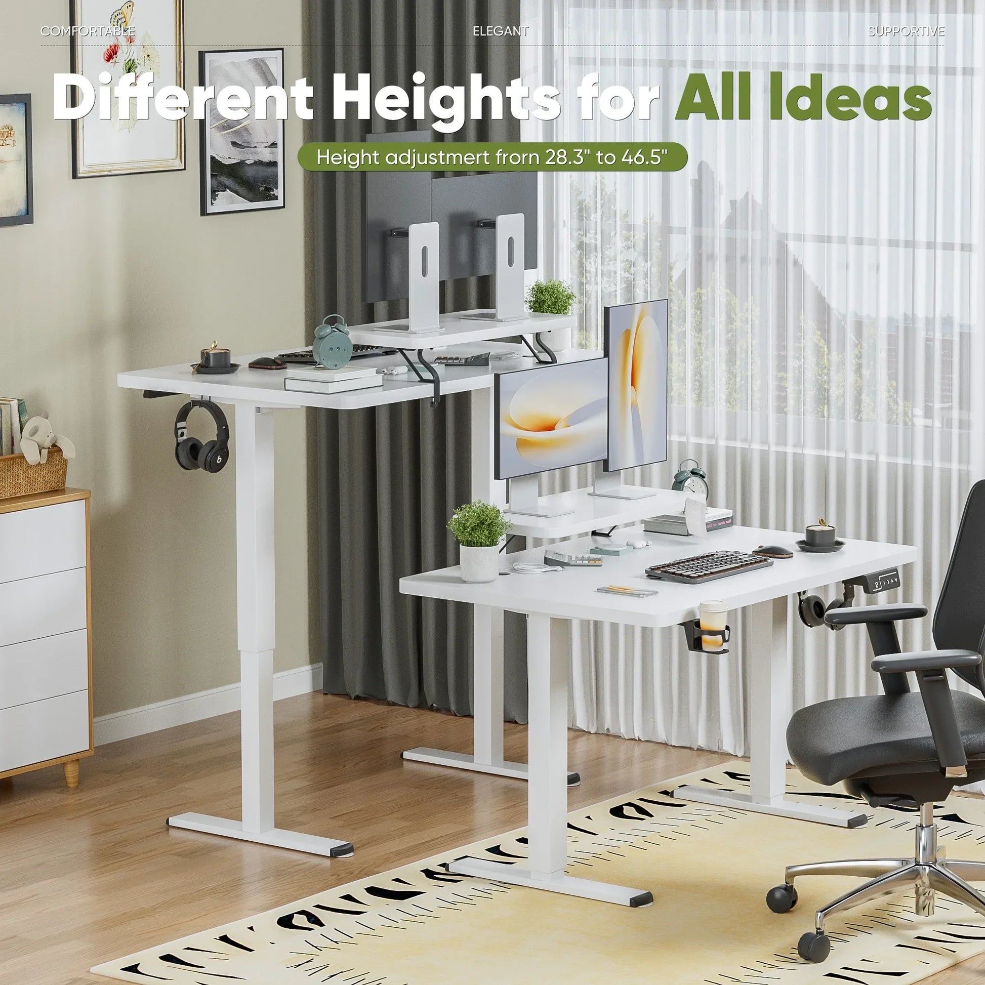 47" Wide Home Office Electric Height Adjustable Standing Desk Lifting Range 28~46" Computer Desk with Monitor Stand,White