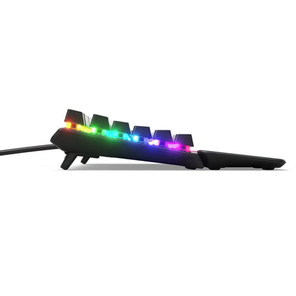 Side view of a mechanical gaming keyboard with RGB backlighting, Byte Style gear