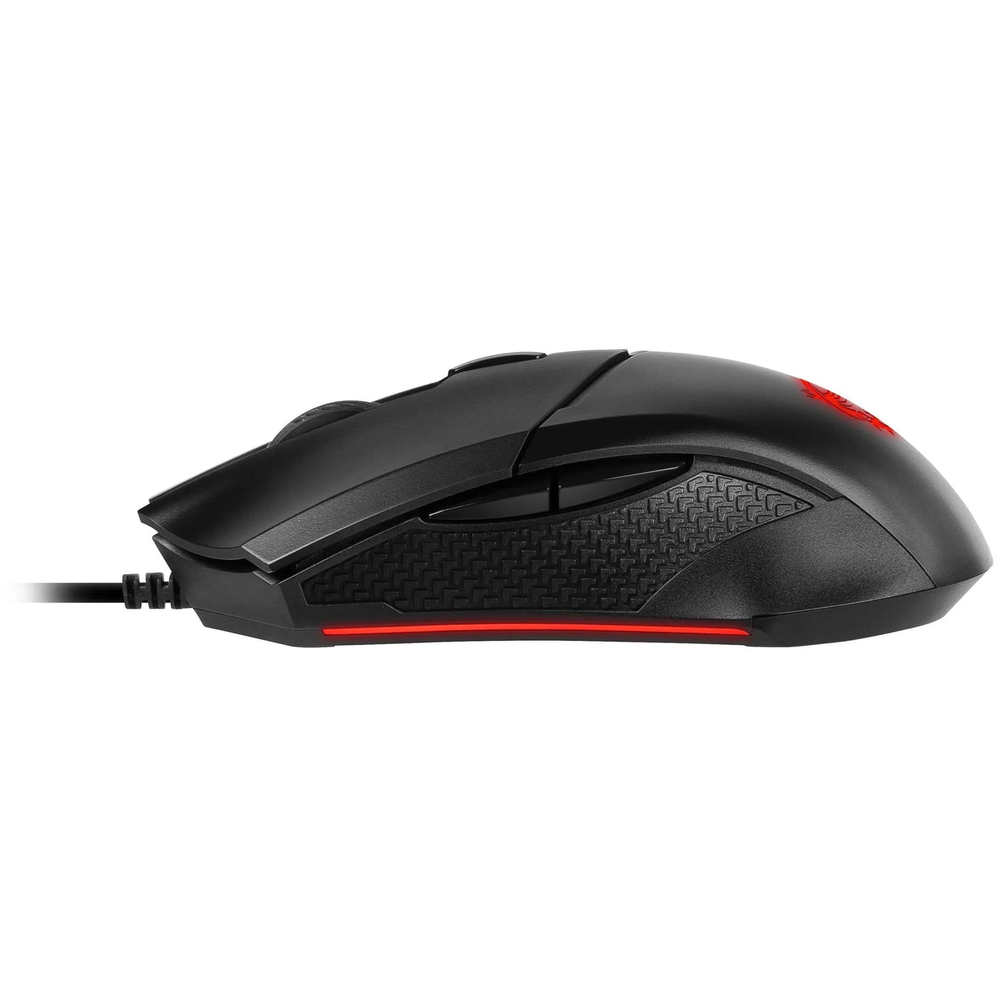 Black wired gaming mouse with textured side grip and red LED lighting strip, ergonomic design