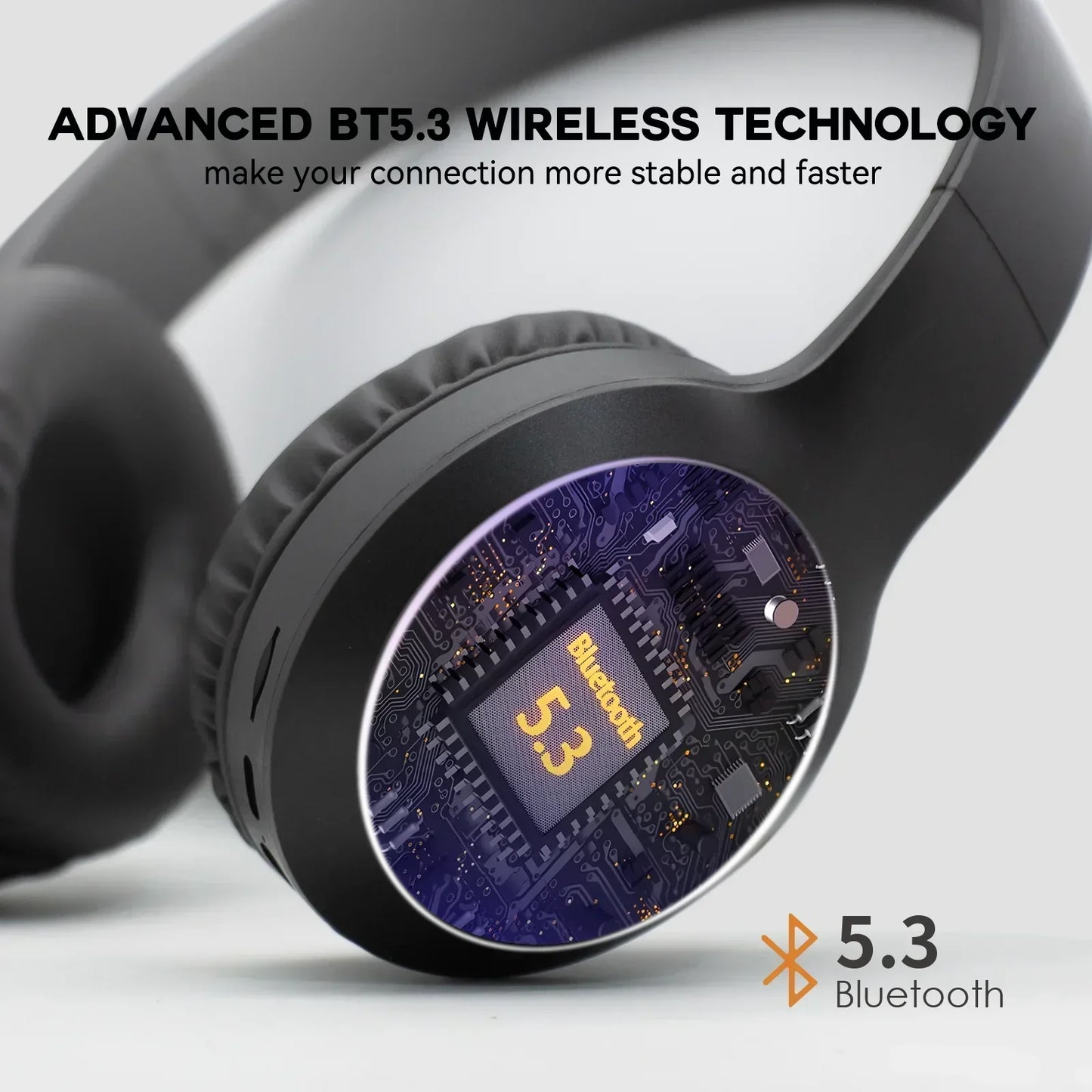 Wireless gaming headphones featuring Bluetooth 5.3 technology with circuit board graphic.