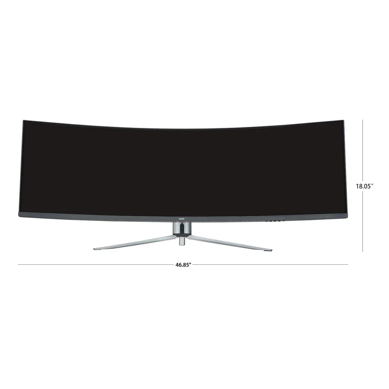 46.85-inch curved ultra-wide gaming monitor with a sleek silver stand showing height of 18.05 inches