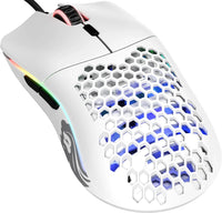 White wired gaming mouse with honeycomb shell, RGB lighting, side buttons, and scroll wheel