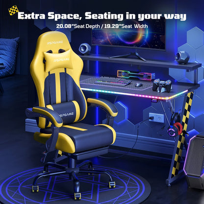 Yellow and black gaming chair with RGB desk setup, ergonomic design for gamers, extra seat space