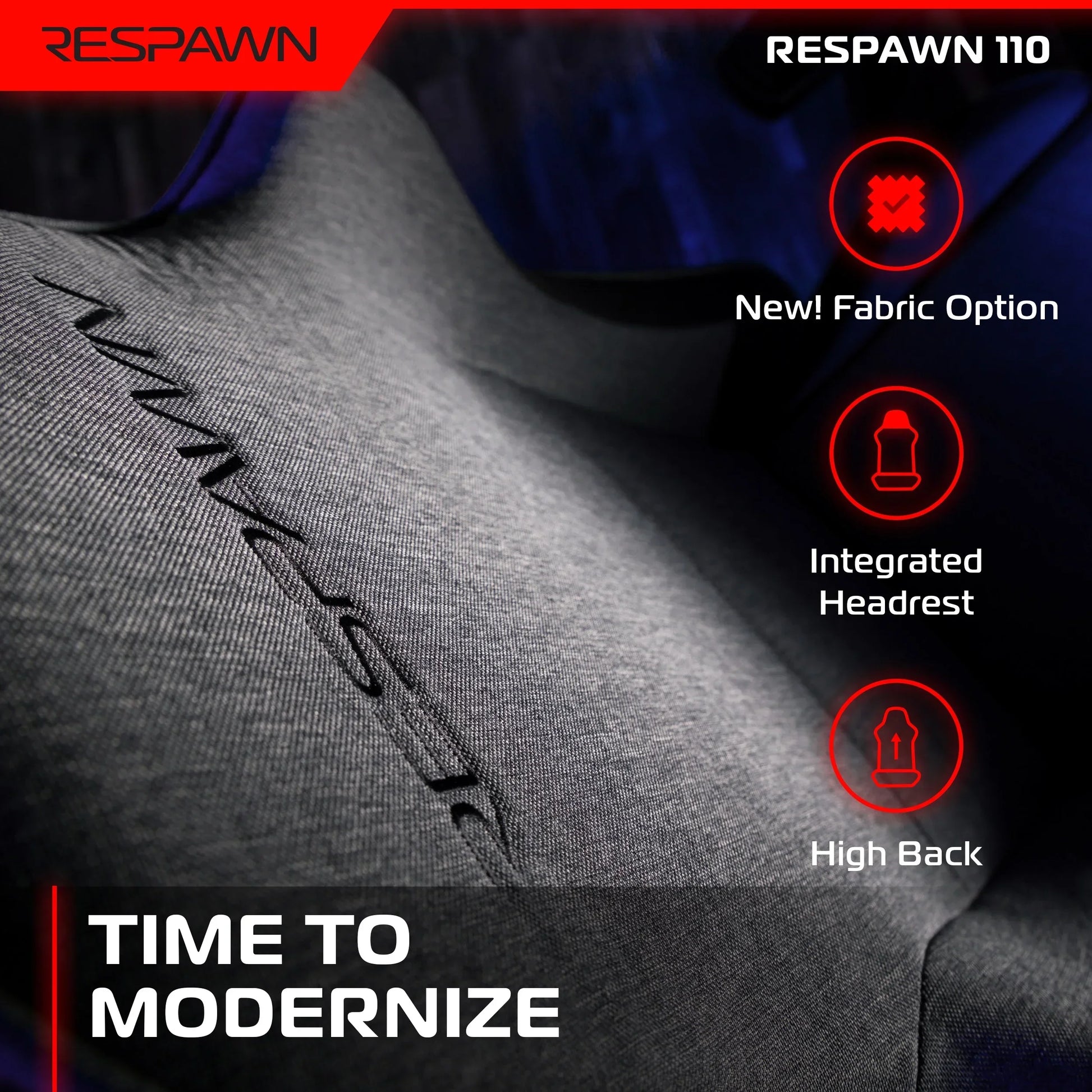 Close-up of gray Respawn 110 gaming chair with fabric upholstery, integrated headrest, and high back design in dark setting