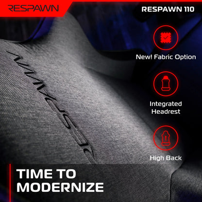 Close-up of gray Respawn 110 gaming chair with fabric upholstery, integrated headrest, and high back design in dark setting