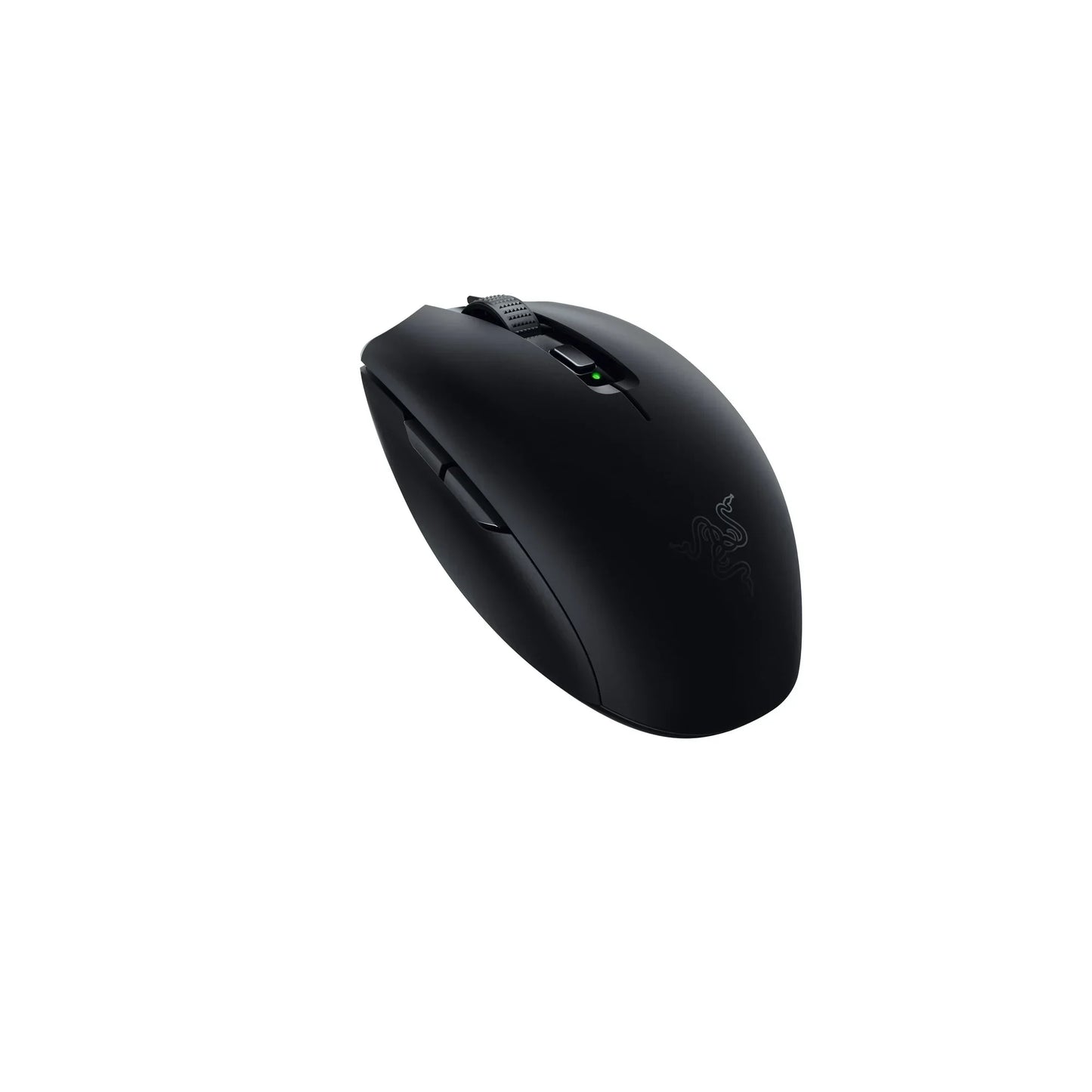 Sleek black gaming mouse with textured scroll wheel, side buttons, and subtle glowing logo