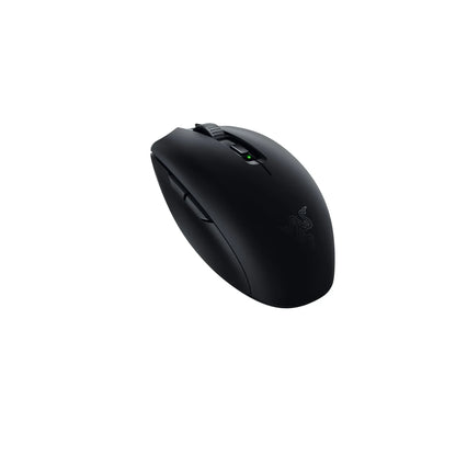 Sleek black gaming mouse with textured scroll wheel, side buttons, and subtle glowing logo