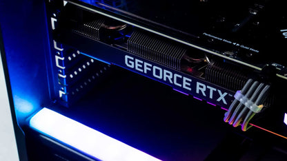 Close-up of GeForce RTX graphics card installed in a gaming PC with RGB lighting