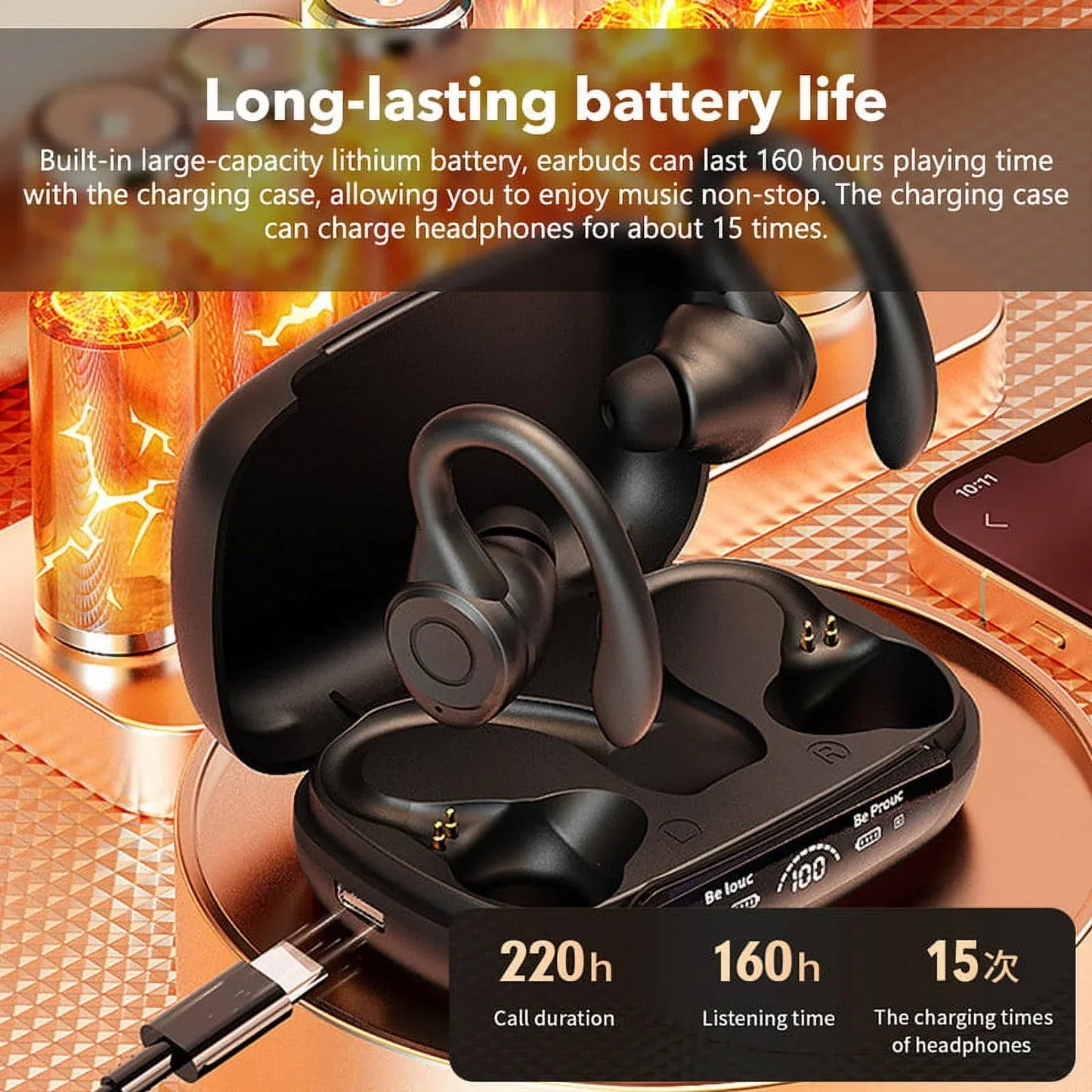 Wireless Earbuds Bluetooth 5.3 TWS Headphones LED Diaplay Hi-Fi Sweatproof Noise Canceling Earhooks Earphone with Charging Case