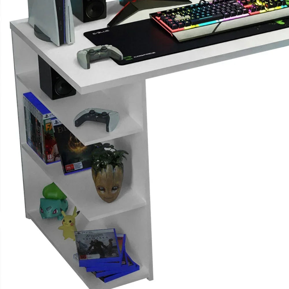 Large Modern Gaming Computer Desk 53 Inch with 5 Shelves Cable Management Student Study Wooden Table Home Office Gamer Desk for Kids and Adults - White