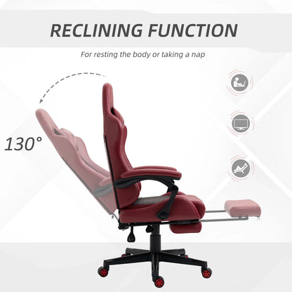 Red gaming chair with reclining function up to 130 degrees and extendable footrest for resting or napping