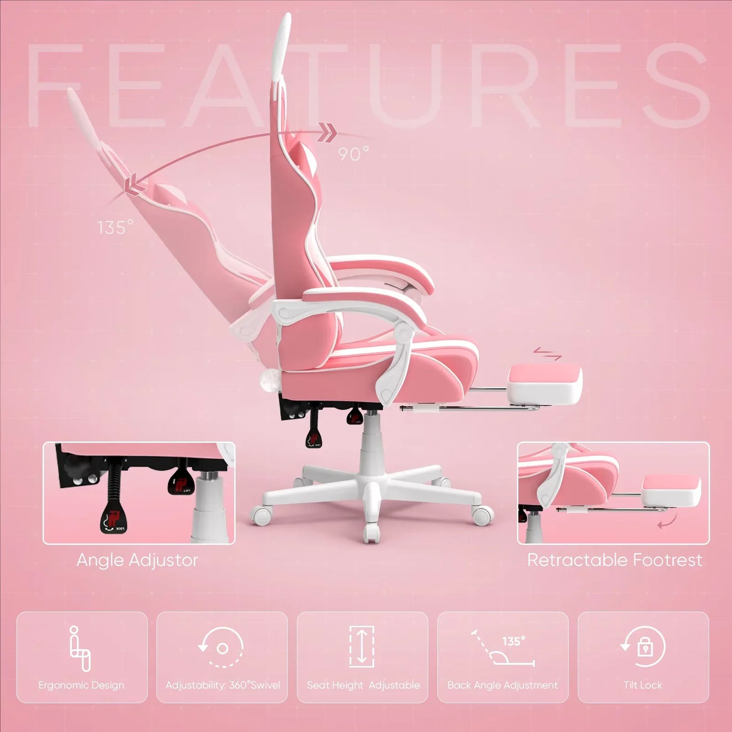Pink gaming chair with ergonomic design, adjustable back angle, retractable footrest, and 360° swivel for comfort.